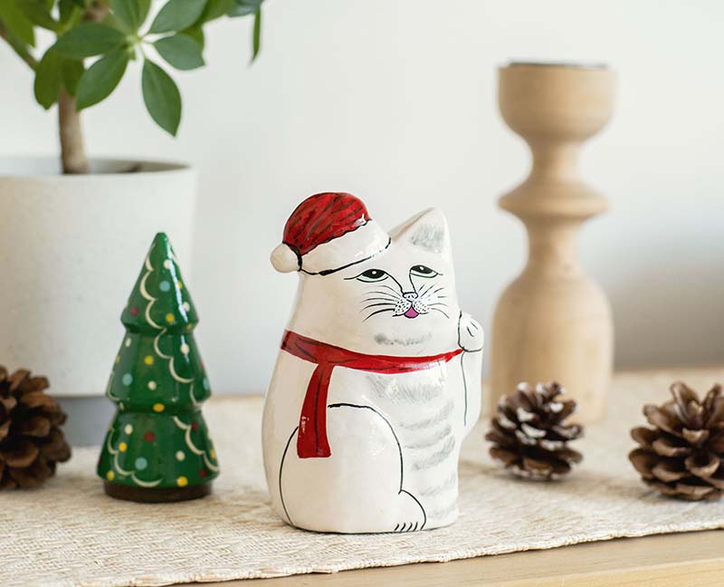 PAPER MACHE CAT DOLL Xmas Version